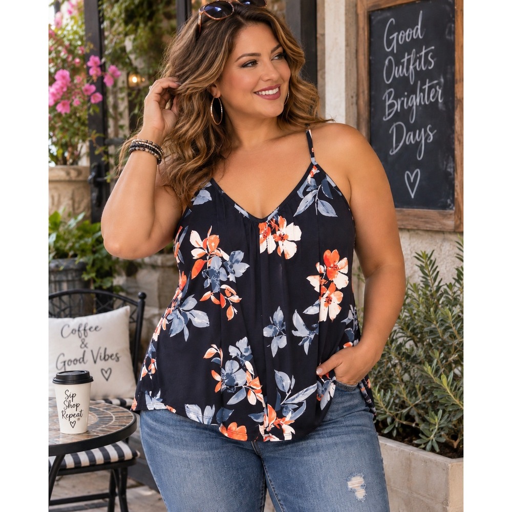 Linea Donatella Floral Lace Racerback Camisole Top Navy Blue XL MJ9140
